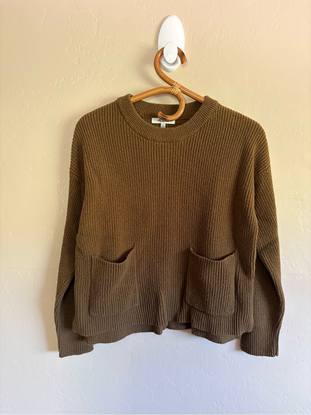 Madewell Olive Green Patch Pocket Crewneck Ribbed Knit Boxy Fit Sweater J8782 M